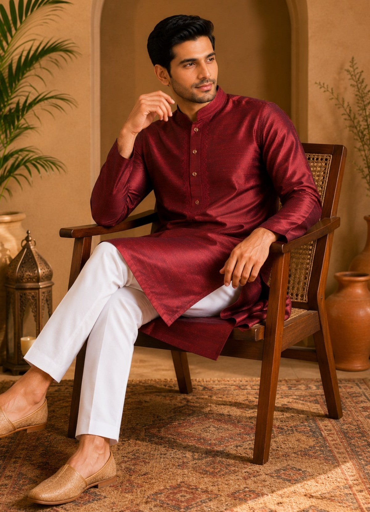 Tattva Rust Mandarin Collar Thread Work Pure Silk Straight Short Kurta