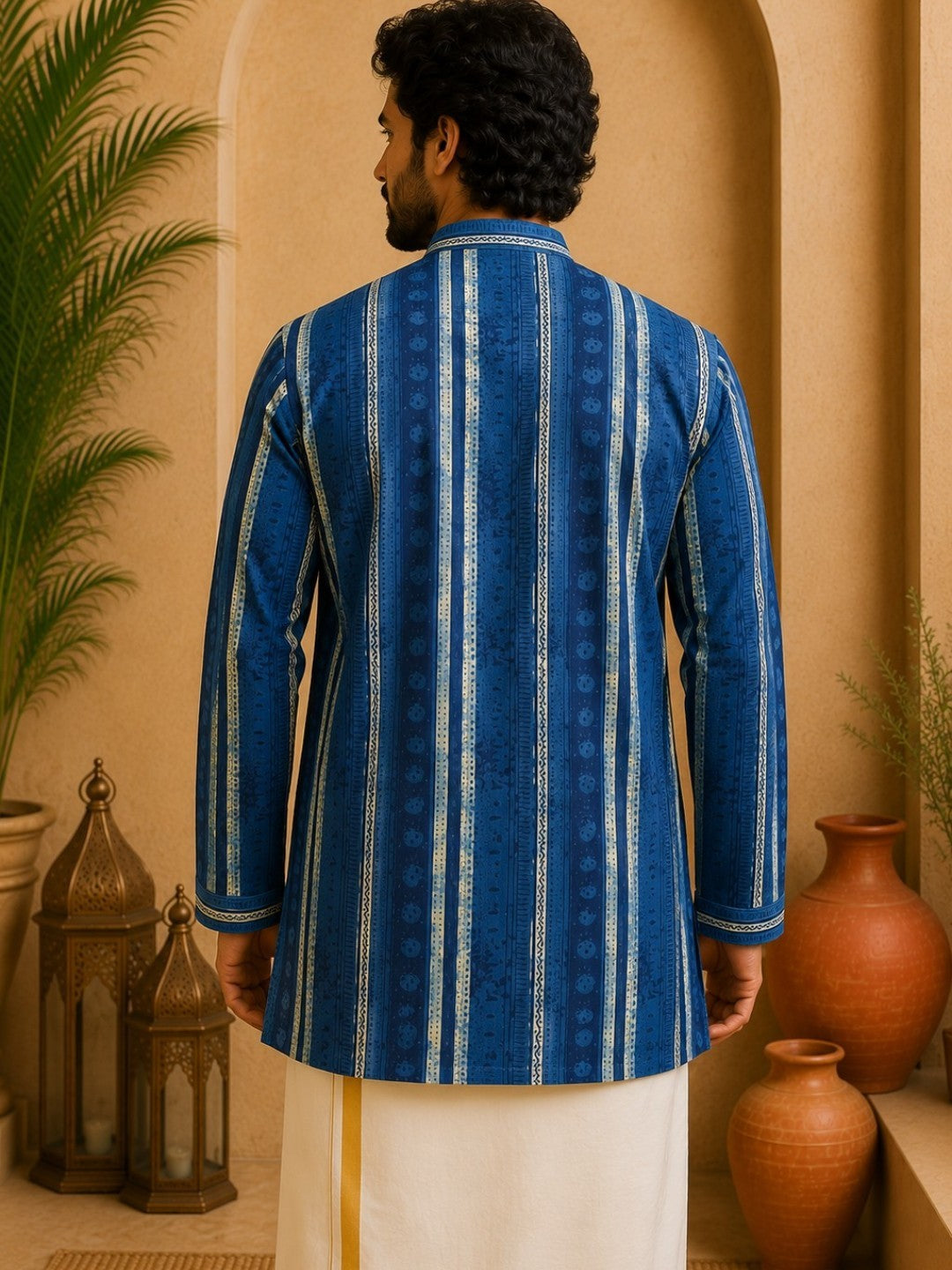 Tattva Men Blue Stripes Printed Super Short Kurta