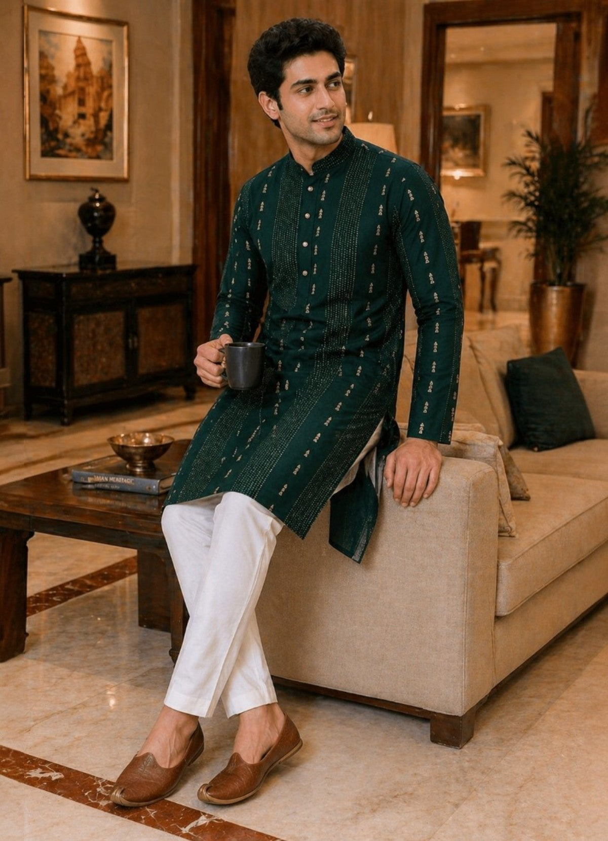 Tattva Men Dark Green Embroidered Cotton Silk Kurta with Pyjamas