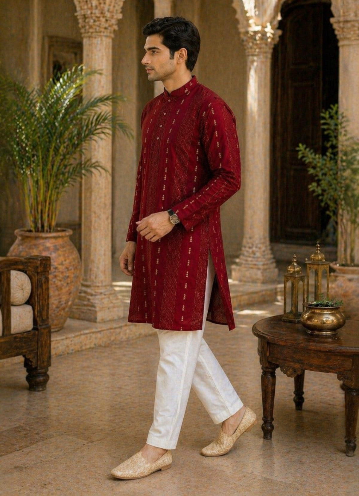 Tattva Men Maroon Embroidered Cotton Silk Kurta with Pyjamas