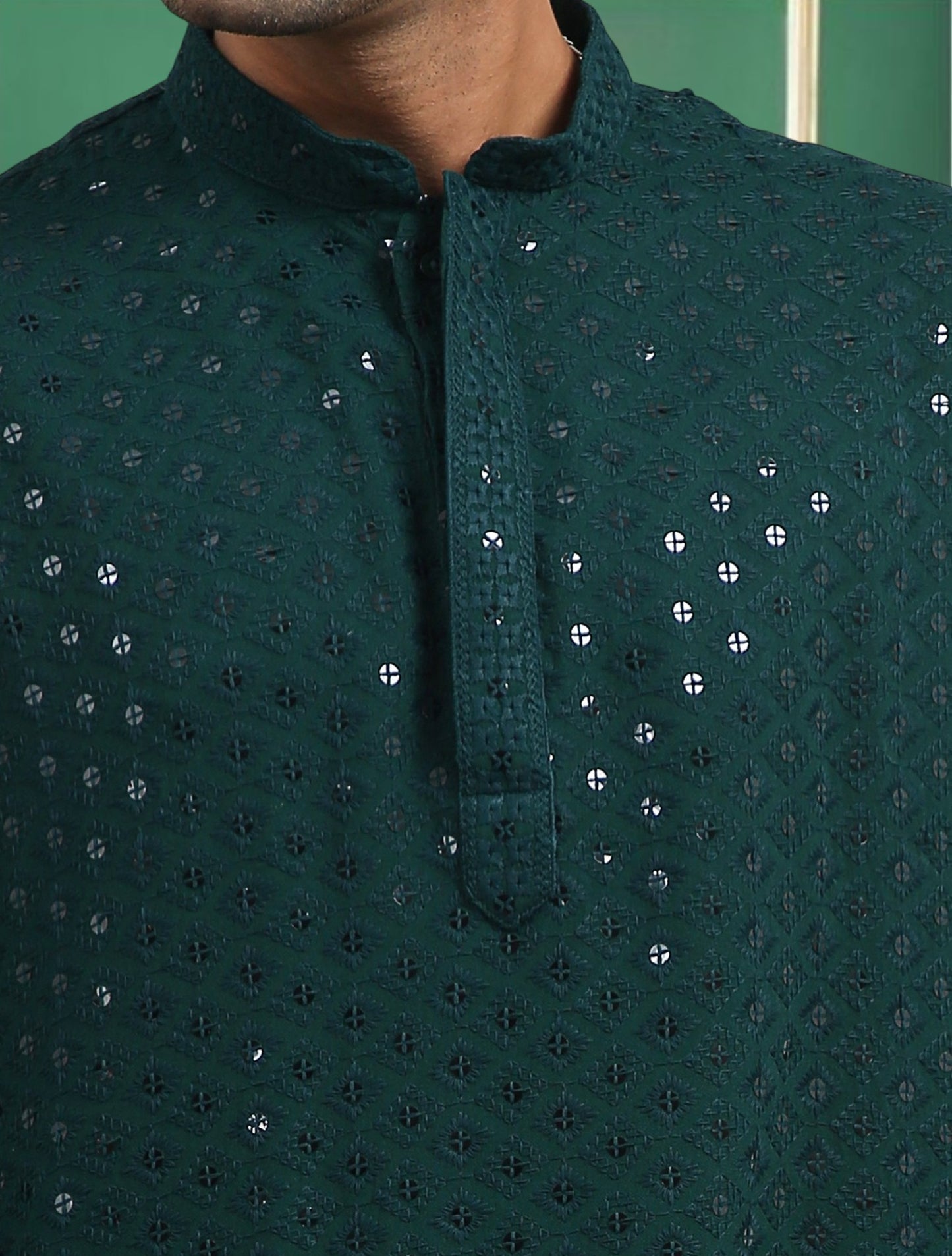 Tattva Dark Green Toned chikankari Cotton Short Kurta