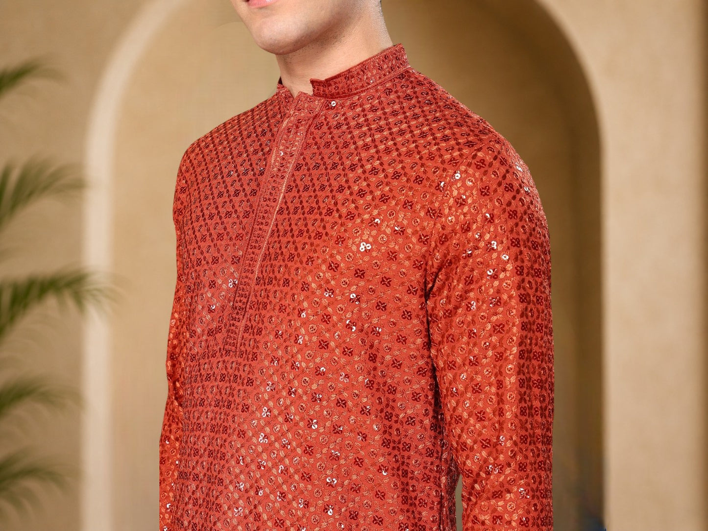 Tattva Candy Red Toned Sequined Thread Work Long Kurta With Pyjama
