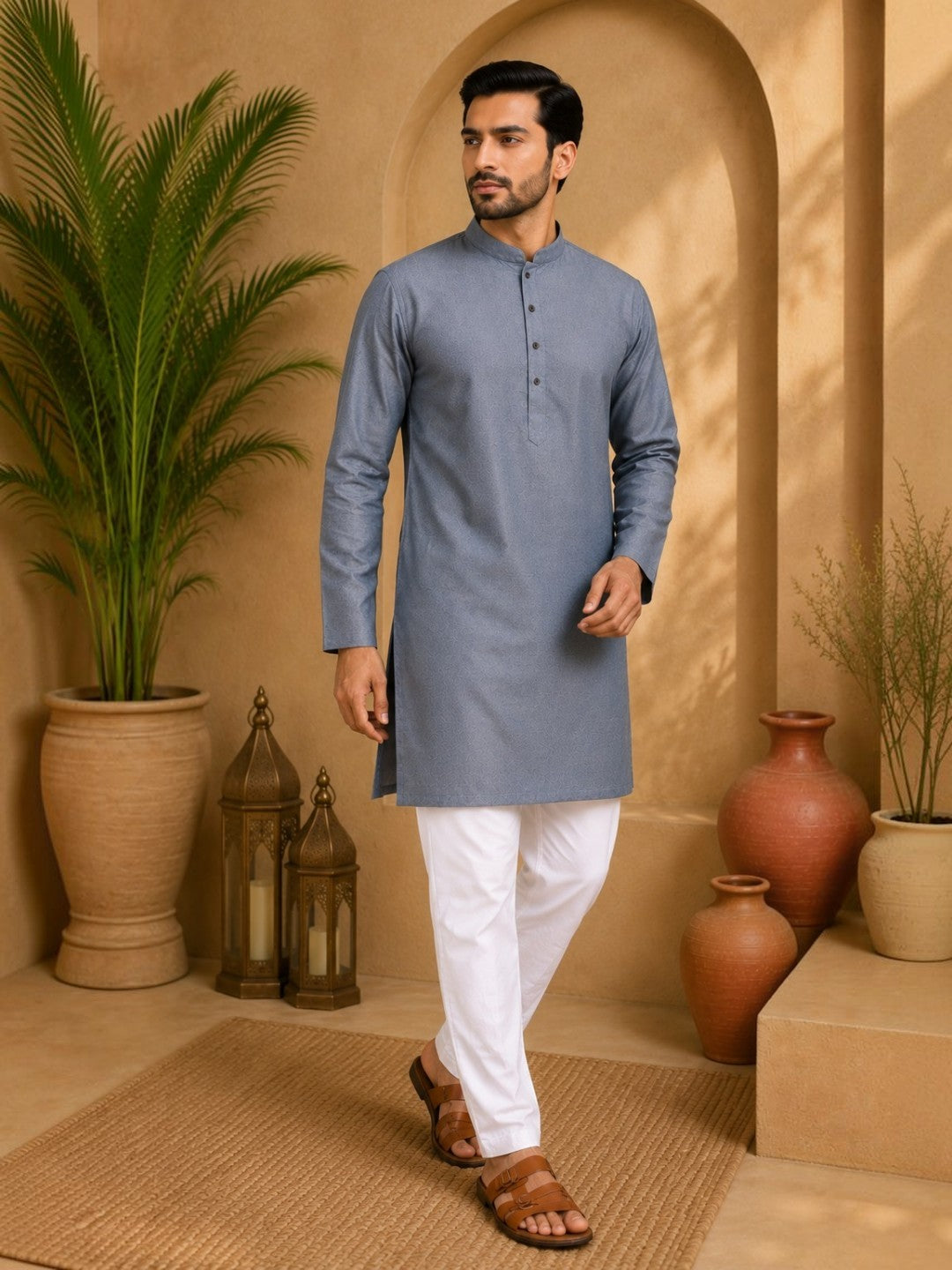 Tattva Men Silver-Toned Applique Mandarin Collar Kurta