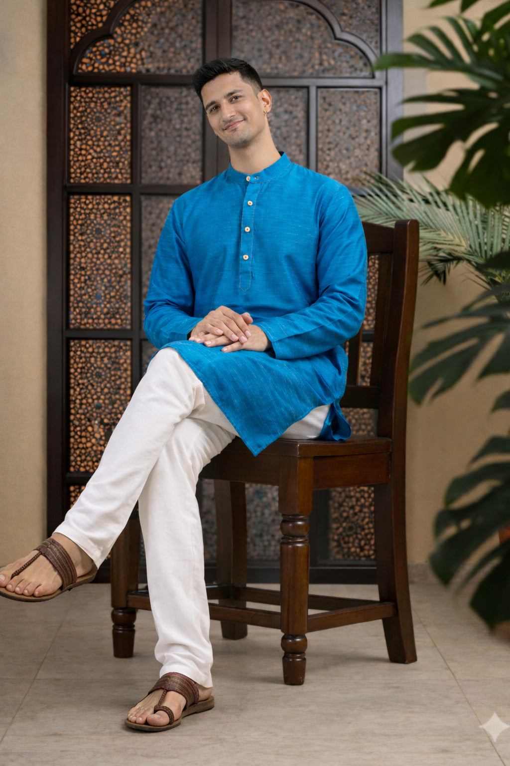 Tattva Men Solid Pure Cotton Short Kurta with Mandarin Collar