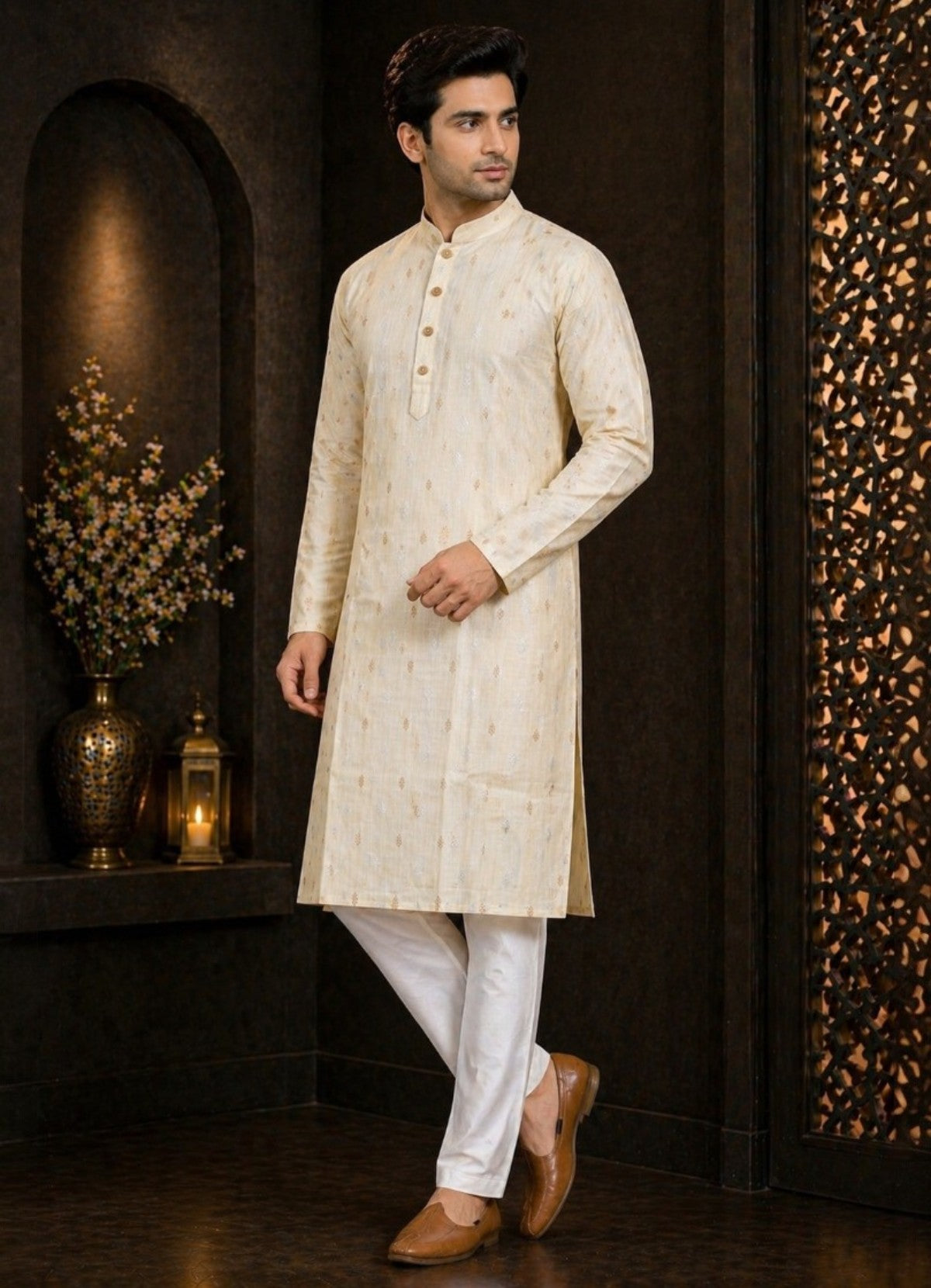 Tattva Men Cream Embroidered Pure Cotton Kurta with Pyjamas