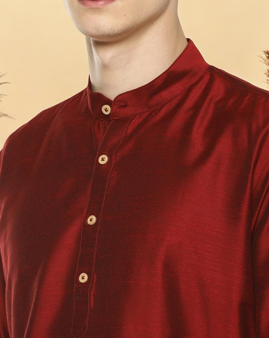 Maroon Cotton Solid Straight Short Kurta