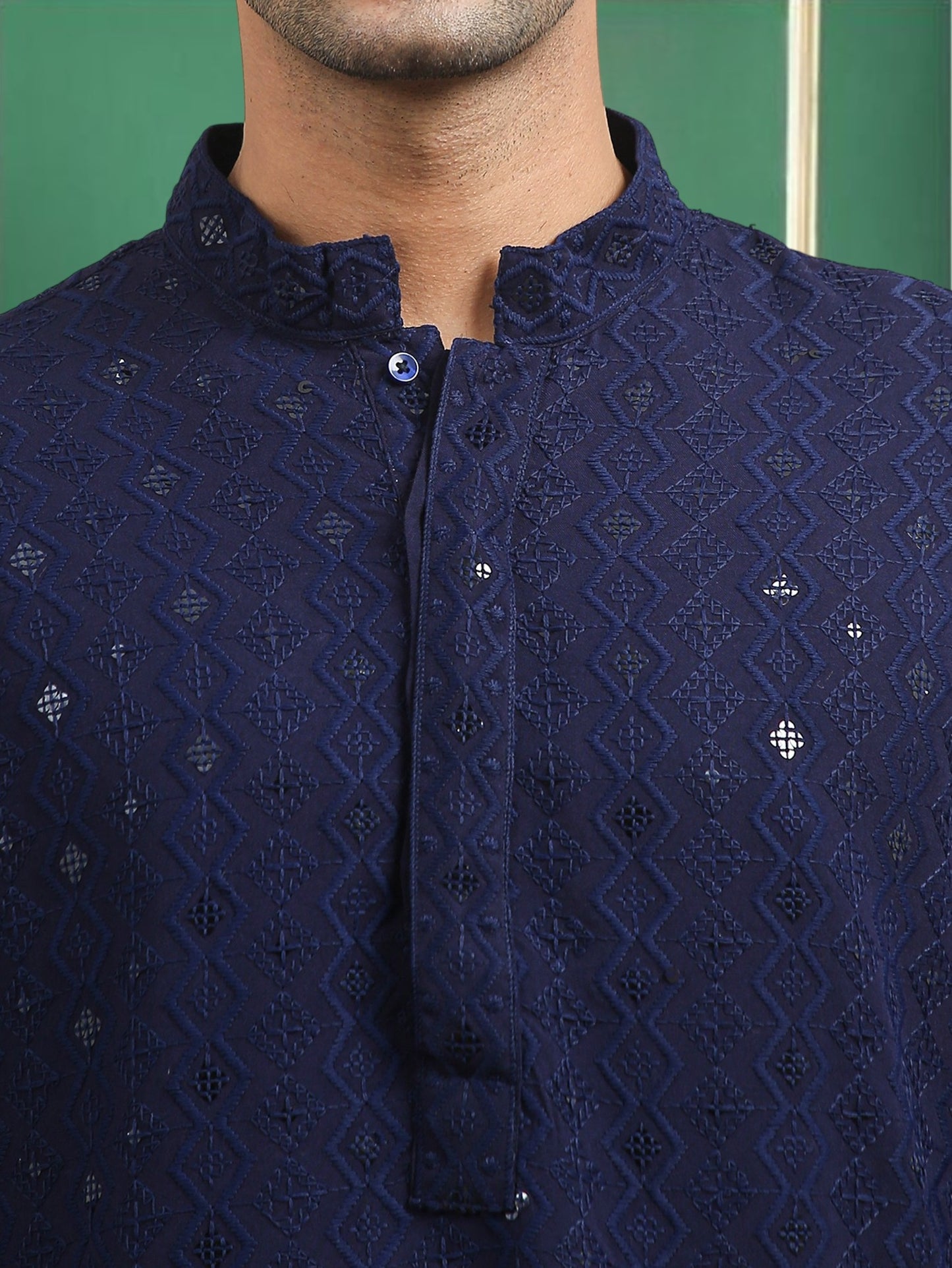 Tattva Navy Blue Toned chikankari Cotton Short Kurta