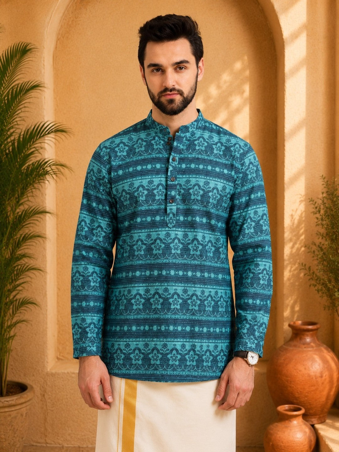 Tattva Men Floral Printed Woven Thread Super Short Kurta