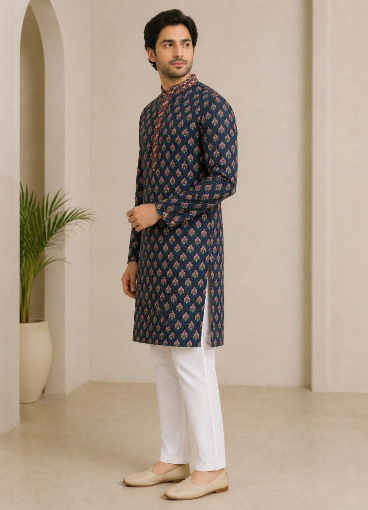 Tattva Men Navy Blue Geometric Design Sequined Jacquard Kurta with Pyjamas