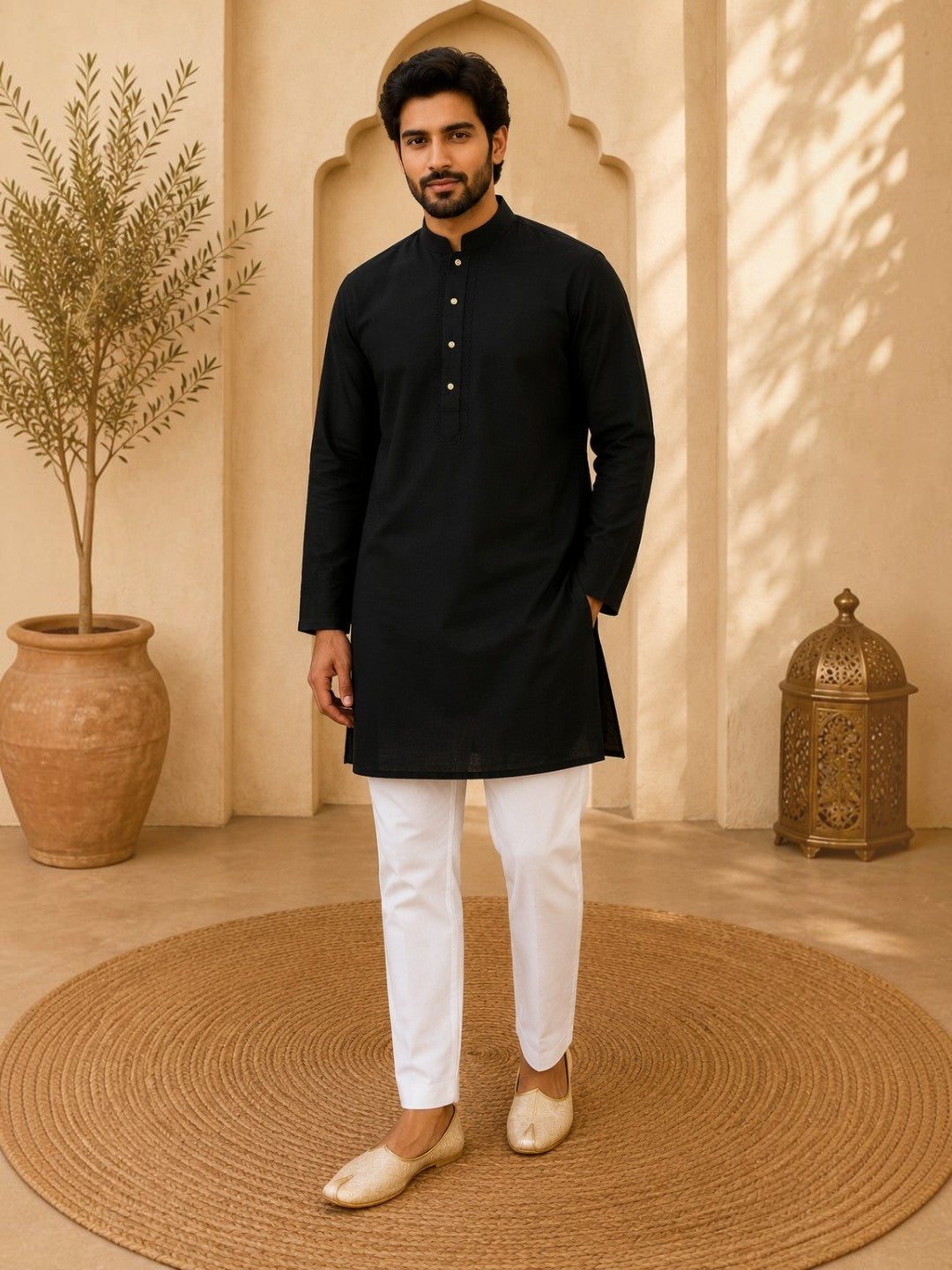 Tattva Black Toned Embroidered Cotton Short Kurta
