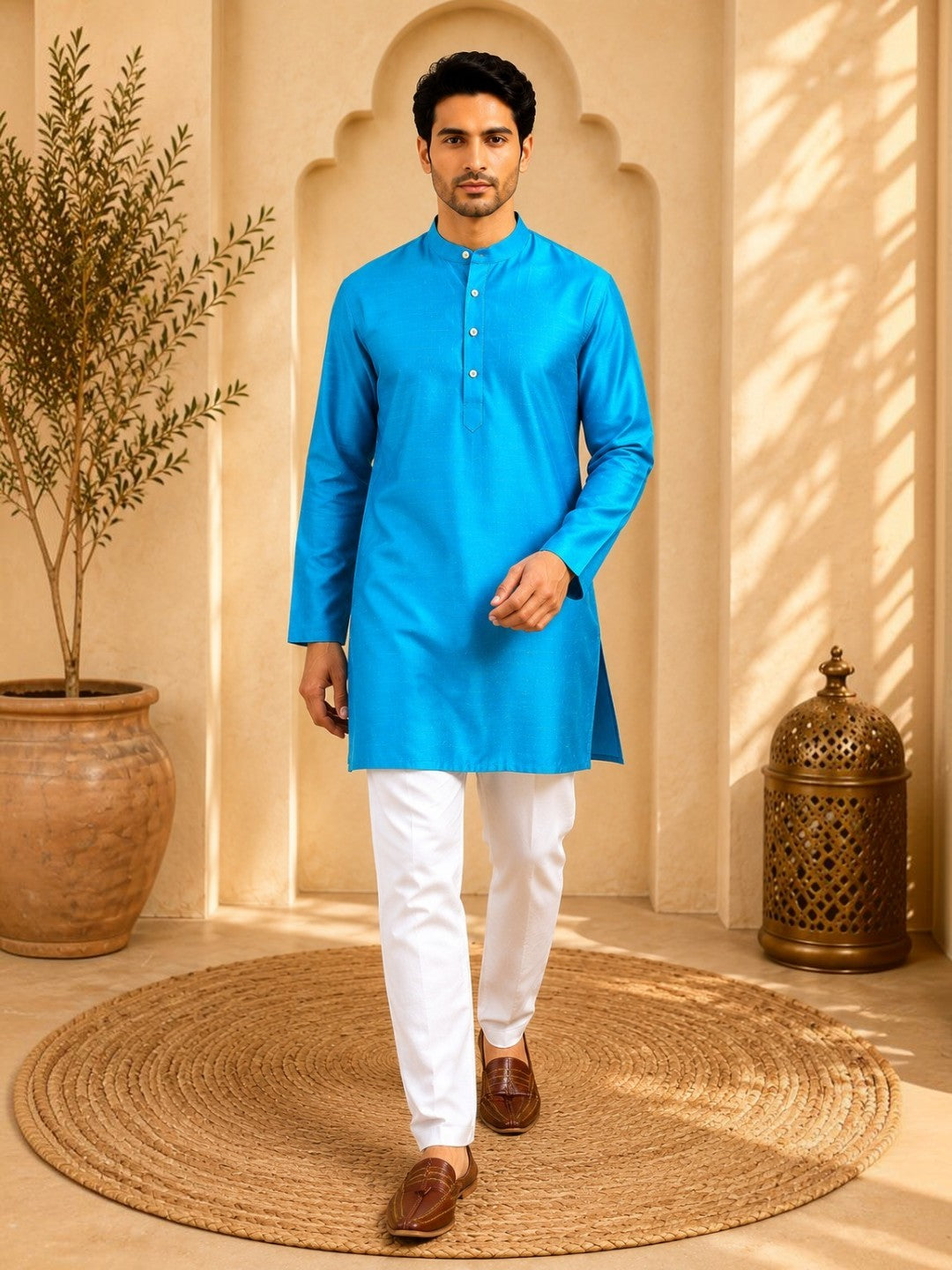 Tattva Men Solid Pure Cotton Short Kurta with Mandarin Collar