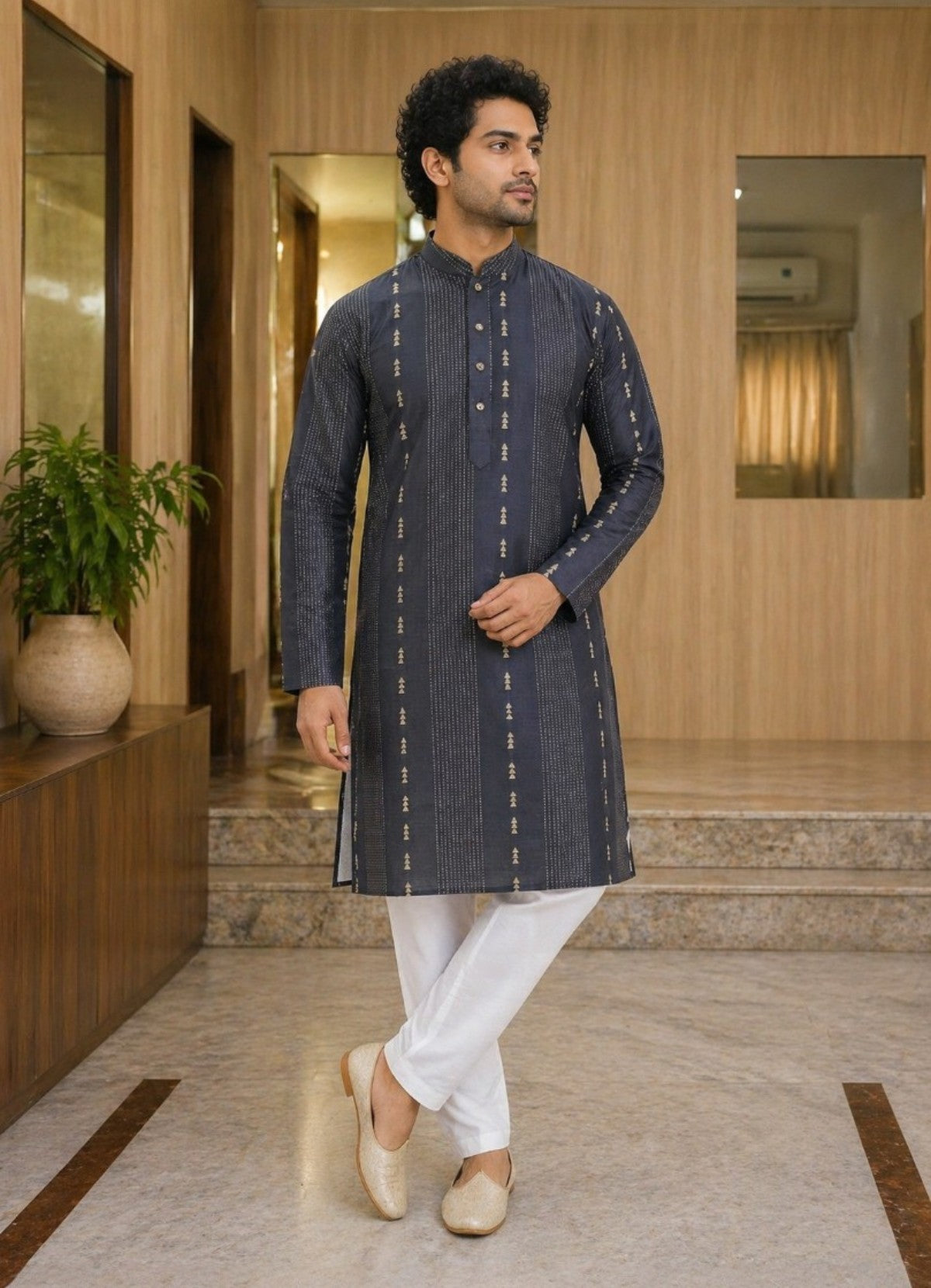 Tattva Men Navy Blue Embroidered Cotton Silk Kurta with Pyjamas
