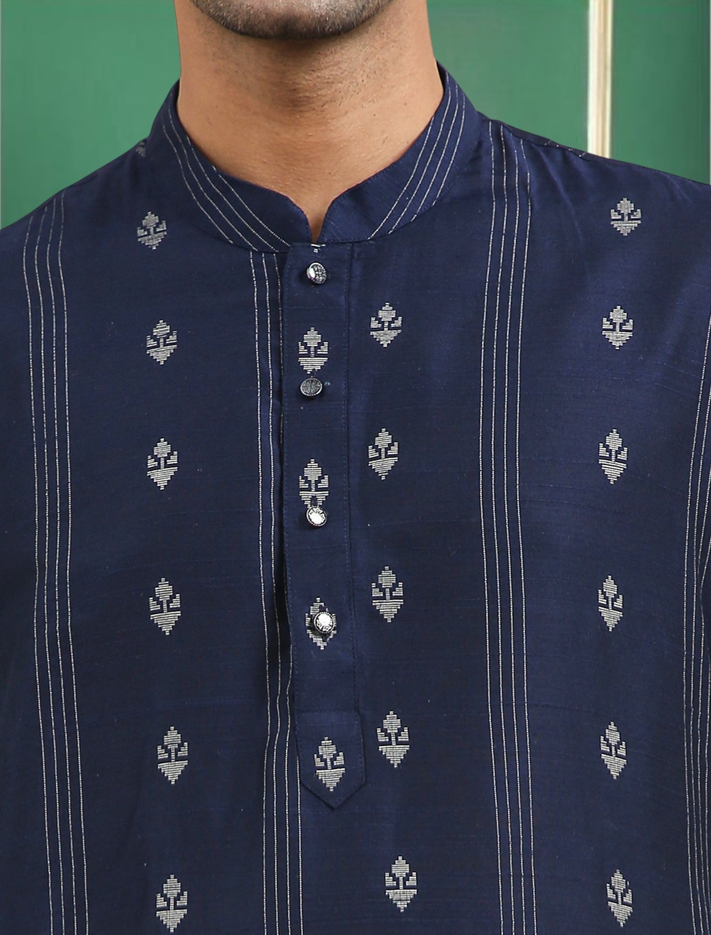 Tattva Navy Blue Toned Woven Design Cotton Short Kurta