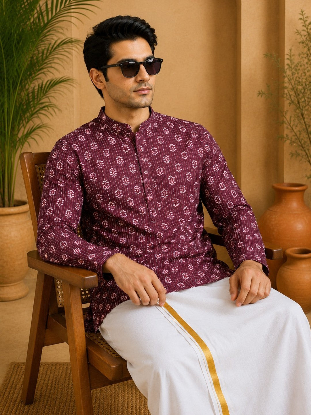 Tattva Men Floral Printed Woven Thread Super Short Kurta