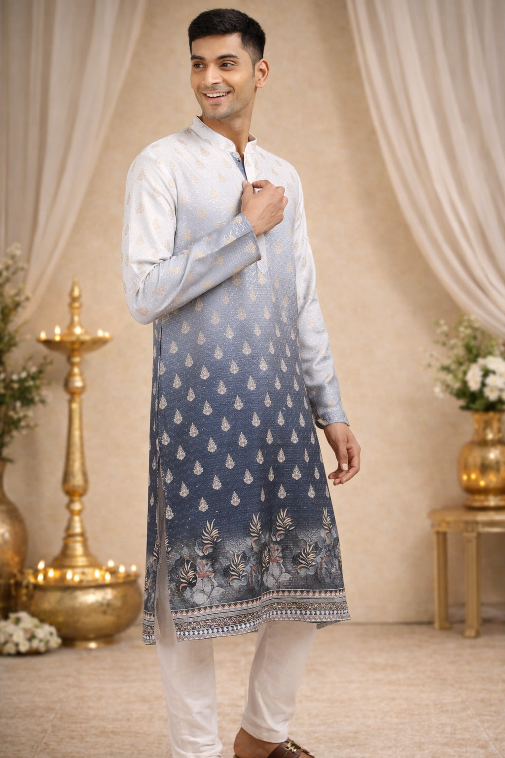 Tattva Men Ethnic Motifs and Daman Printed Sequence Threadwork Kurta Pyjama Set