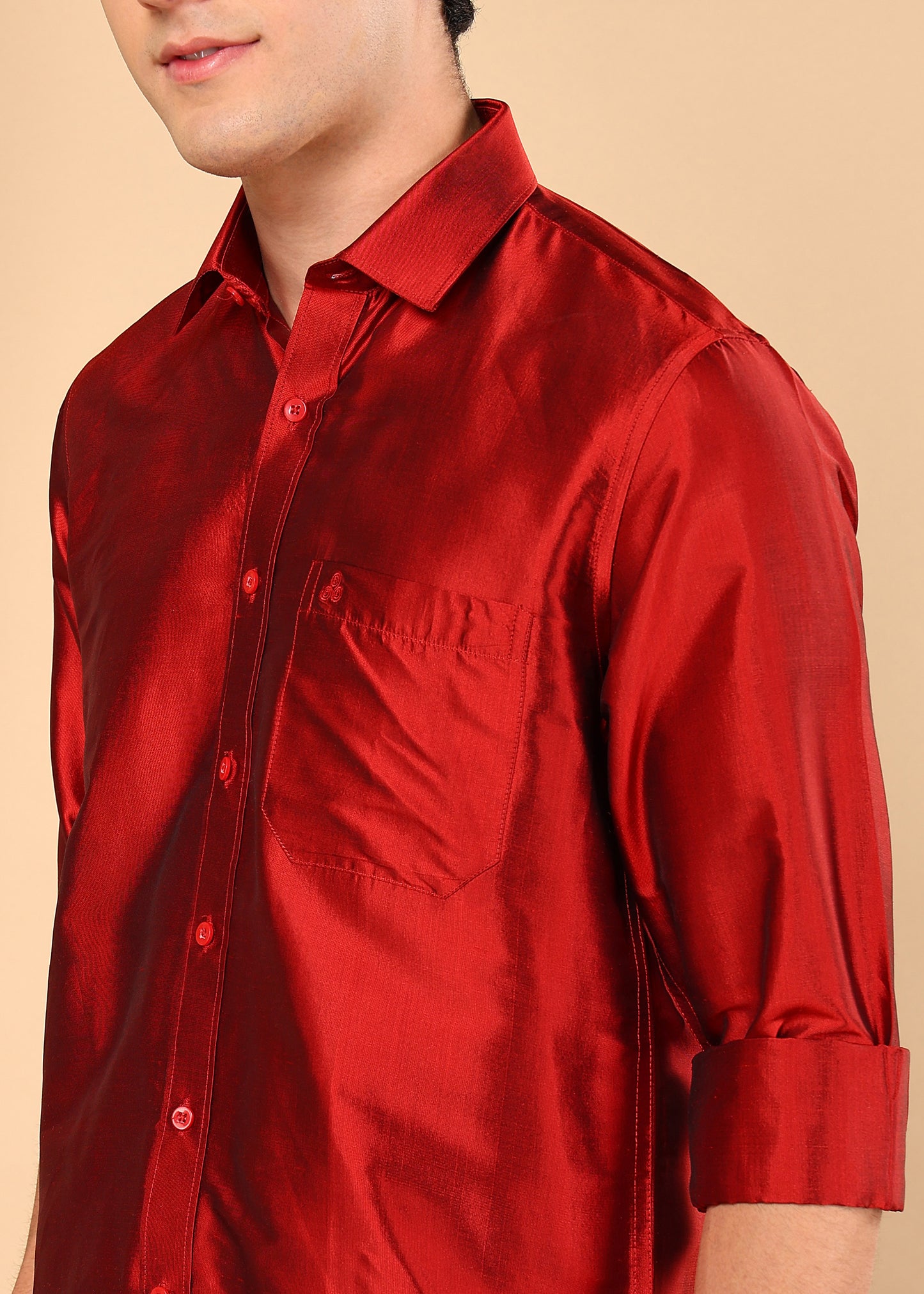 Tattva Men Cherry Red Pure Silk Solid Opaque Shirt