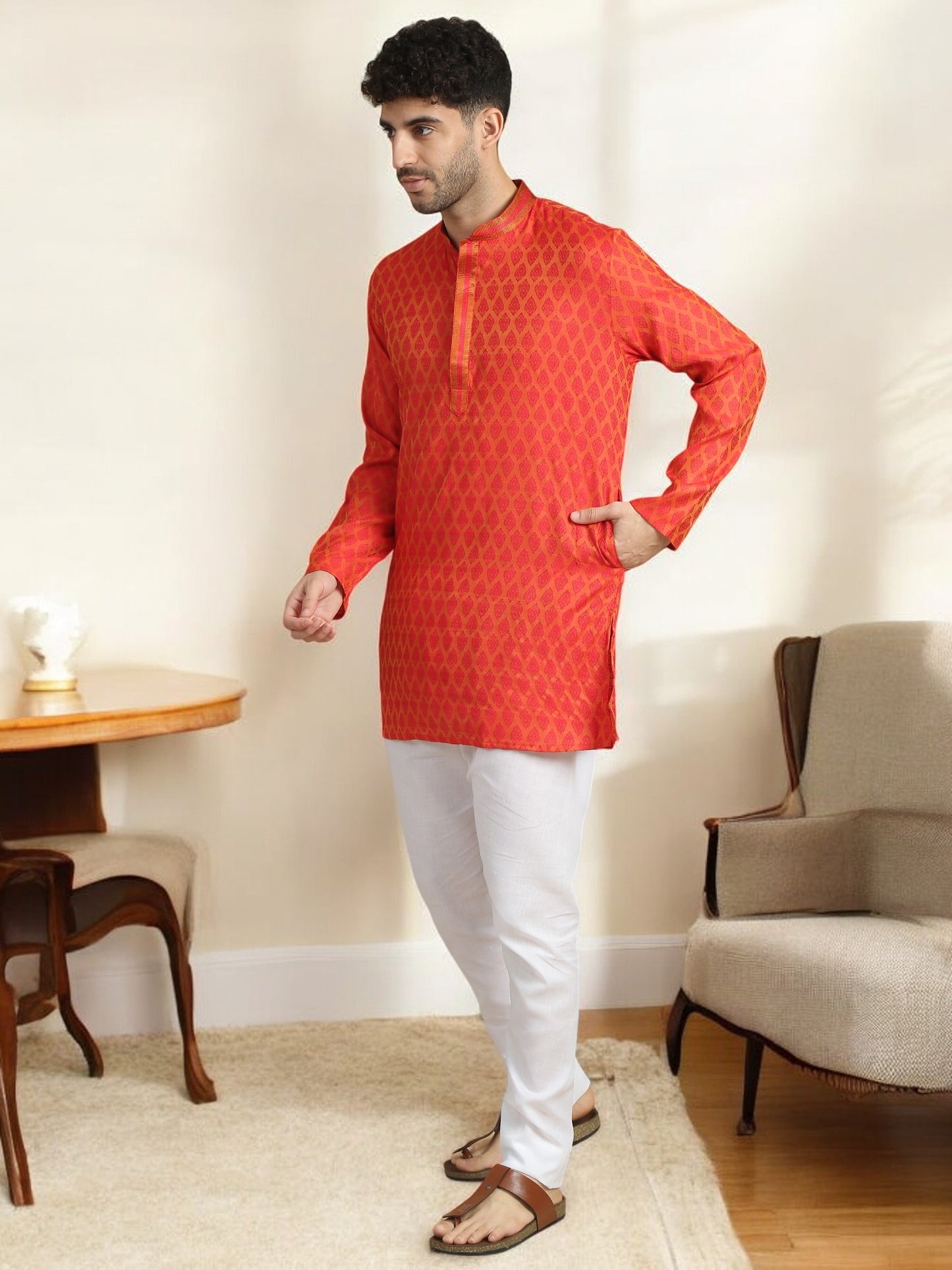 Tattva Men Woven Design Cotton Blend Straight Kurta