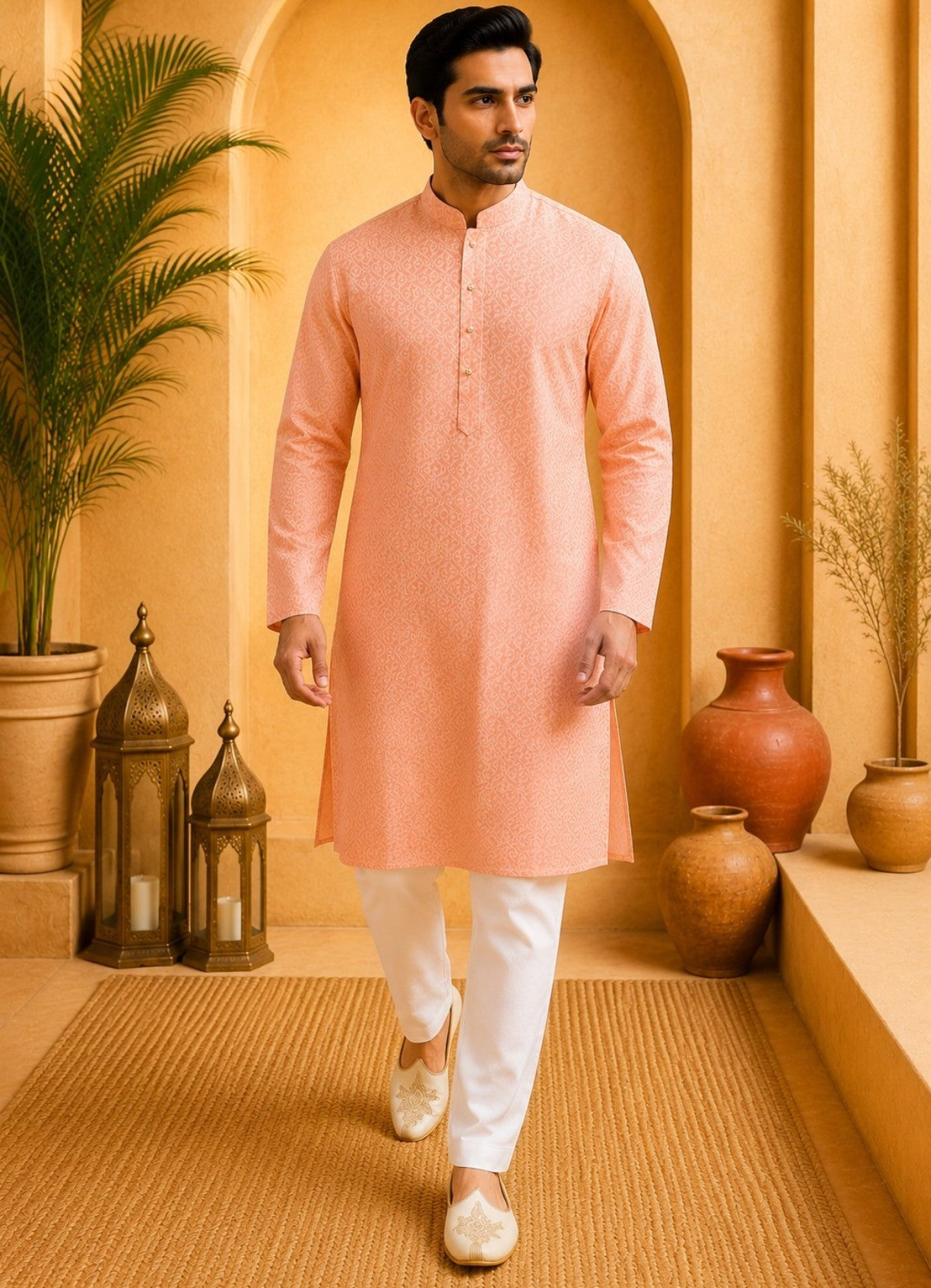 Tattva Men Peach Floral Woven Design Kurta Pyjama