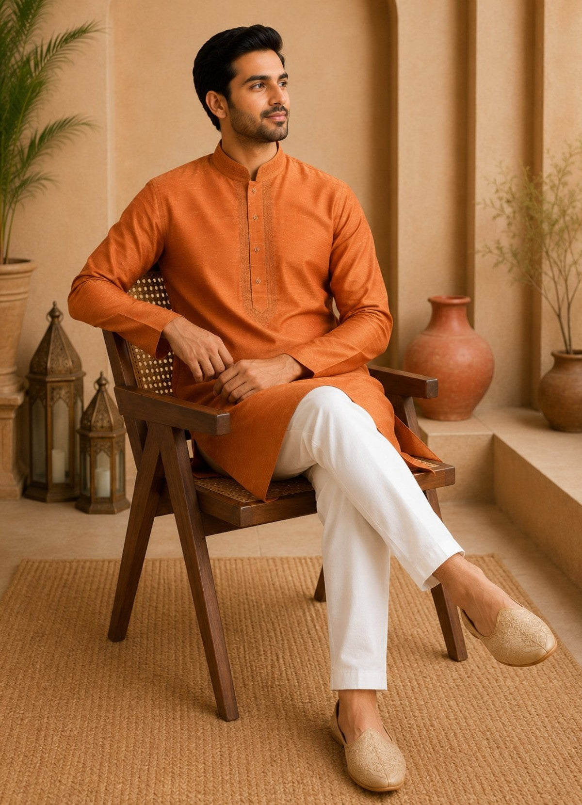 Tattva orange Mandarin Collar Thread Work Pure Silk Straight Short Kurta