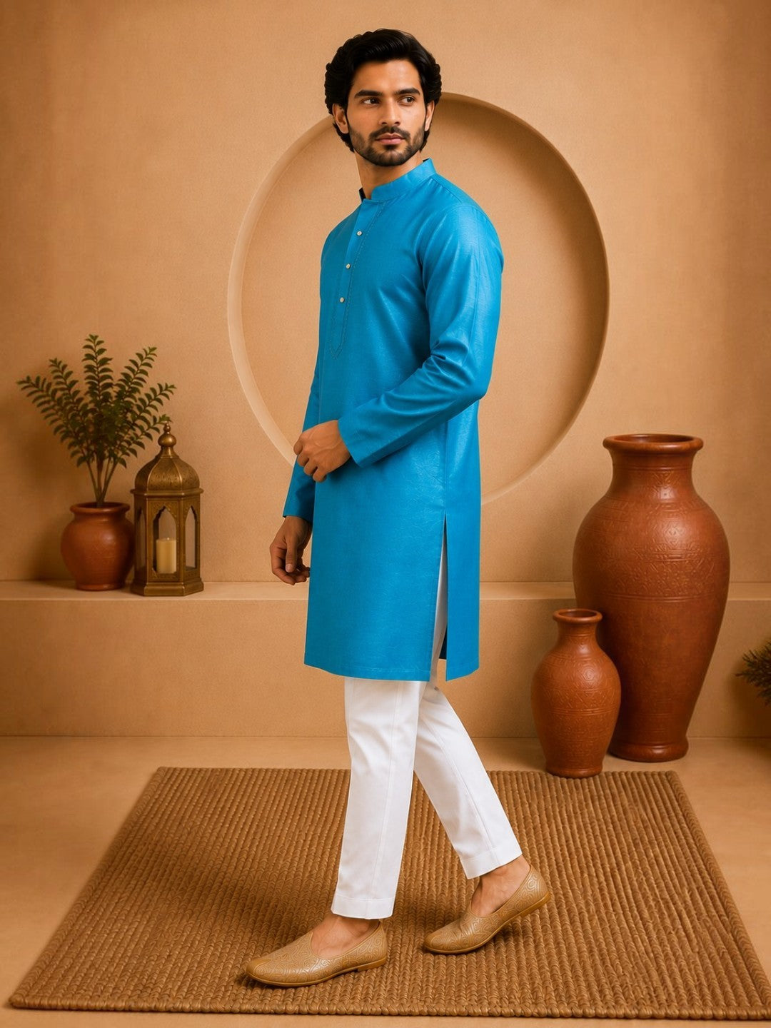 Tattva Solid Embroidered Mandarin Collar Short Kurta