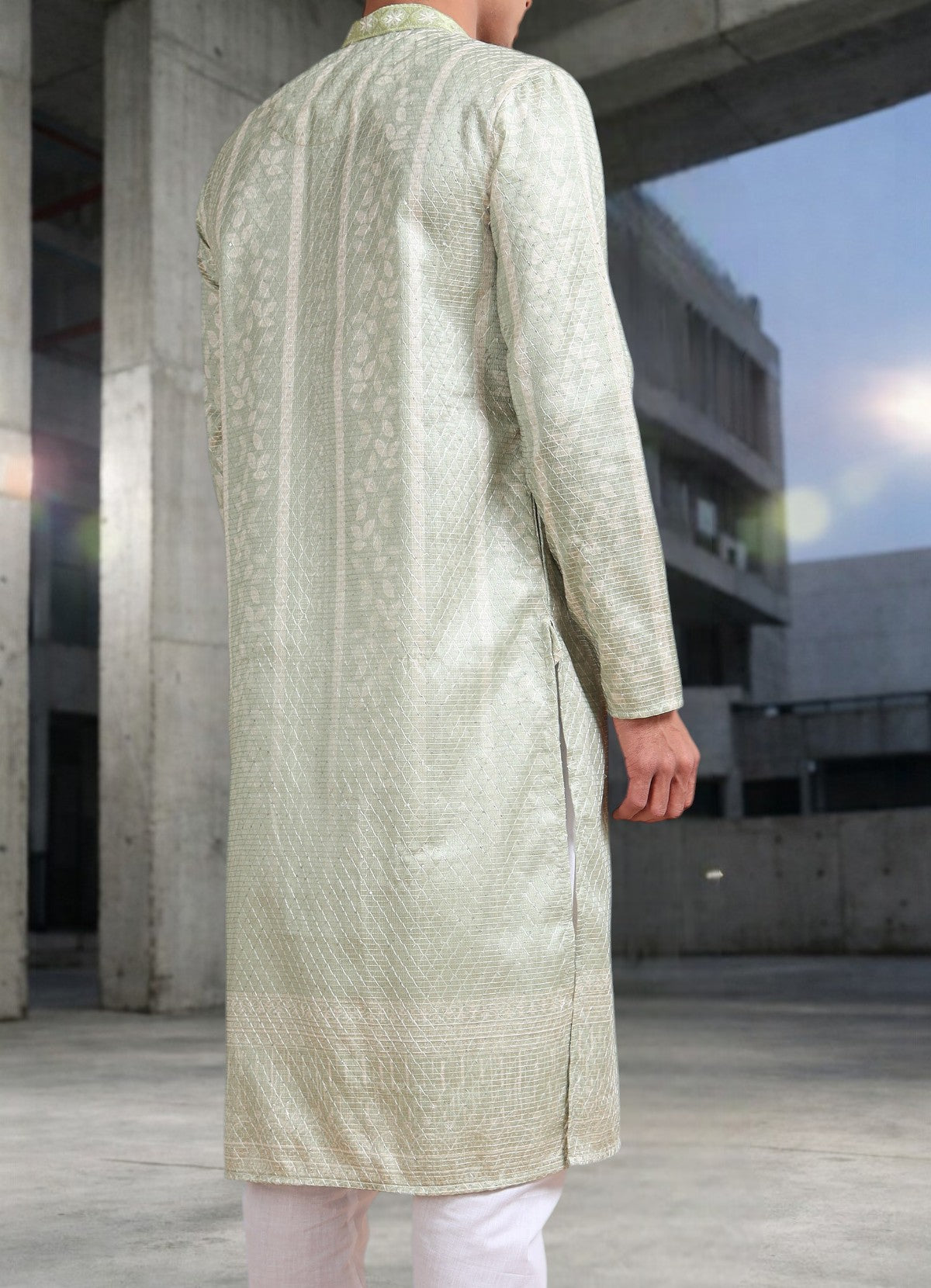 Tattva Woven Diamond Motif Sage Green Festive Kurta Set