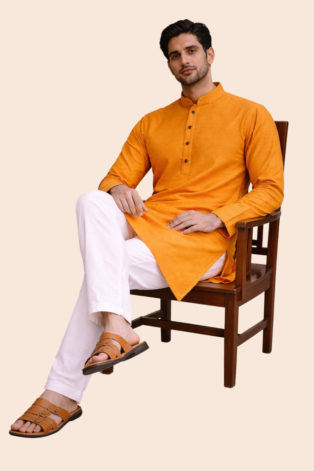 Tattva Men Saffron-Toned Applique Mandarin Collar Kurta