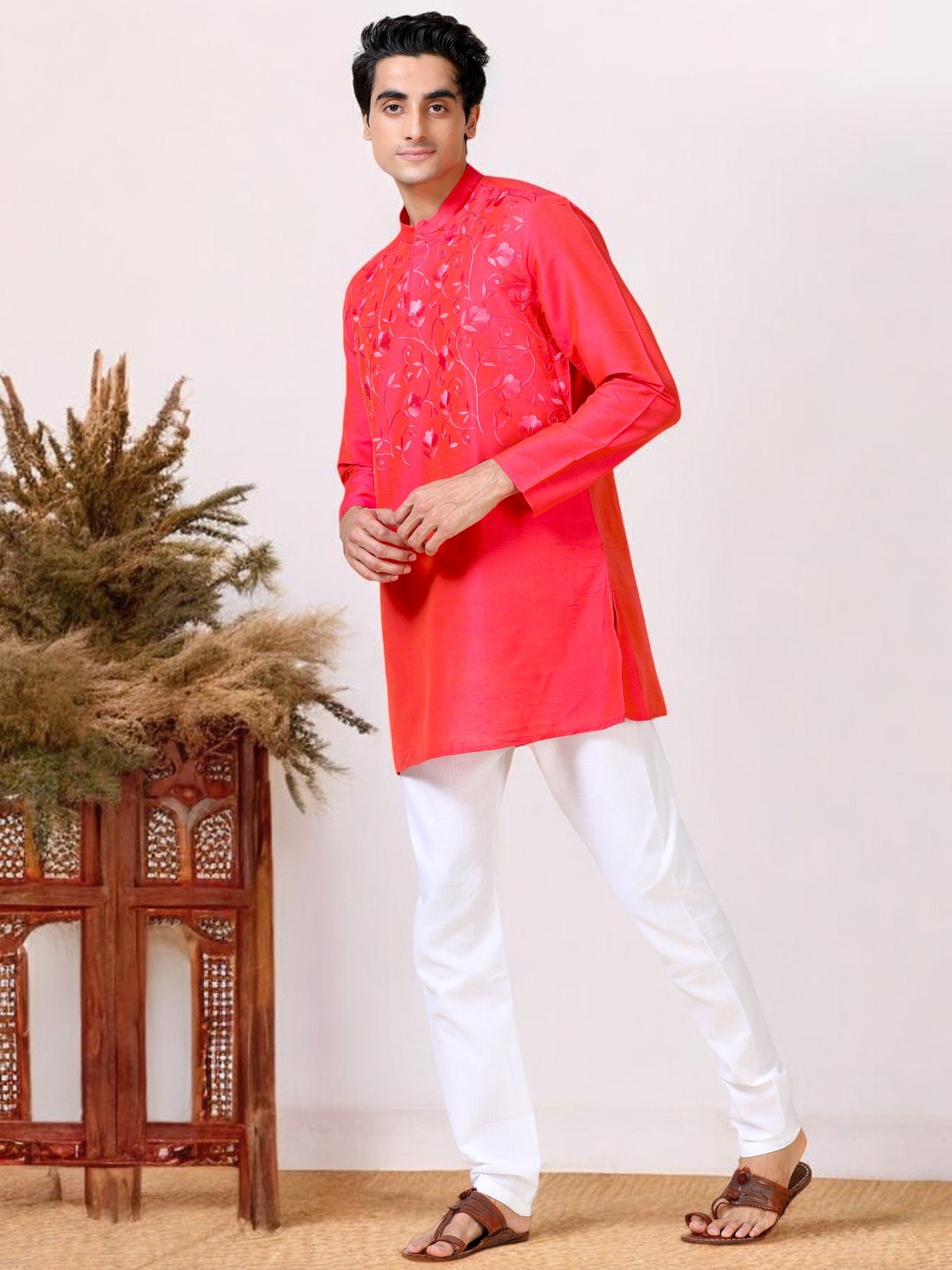 Tattva Men Embroidered Cotton Blend Asymmetric Kurta