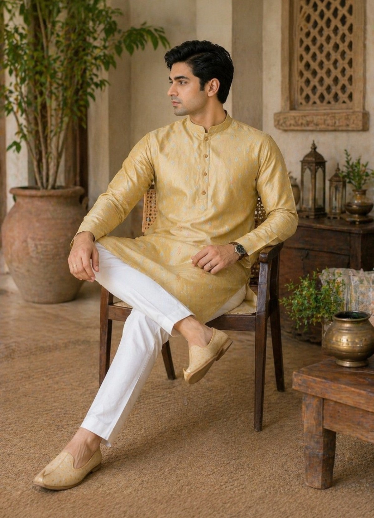 Tattva Men Mustard Gold Embroidered Cotton Silk Kurta with Pyjamas