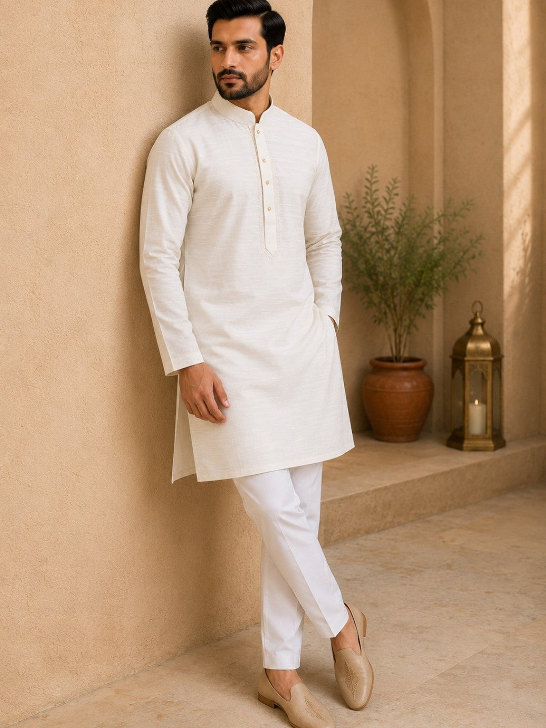 Tattva Men White Colored Embroidered Short Kurta
