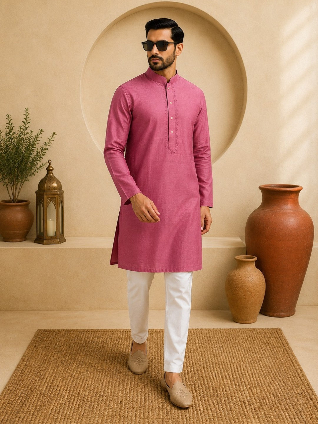 Tattva Men Embroidered Solid Short Kurta