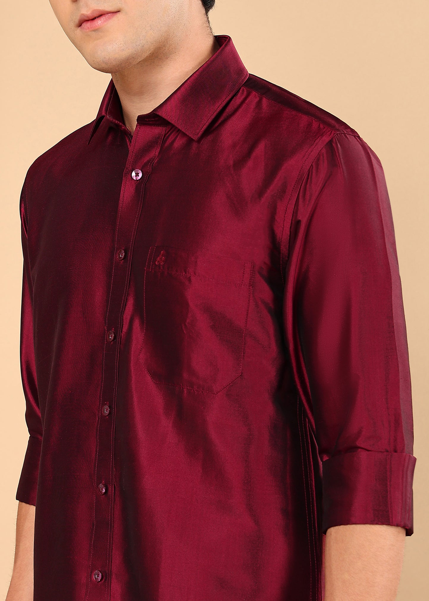 Tattva Men Maroon Toned Pure Silk Solid Opaque Shirt