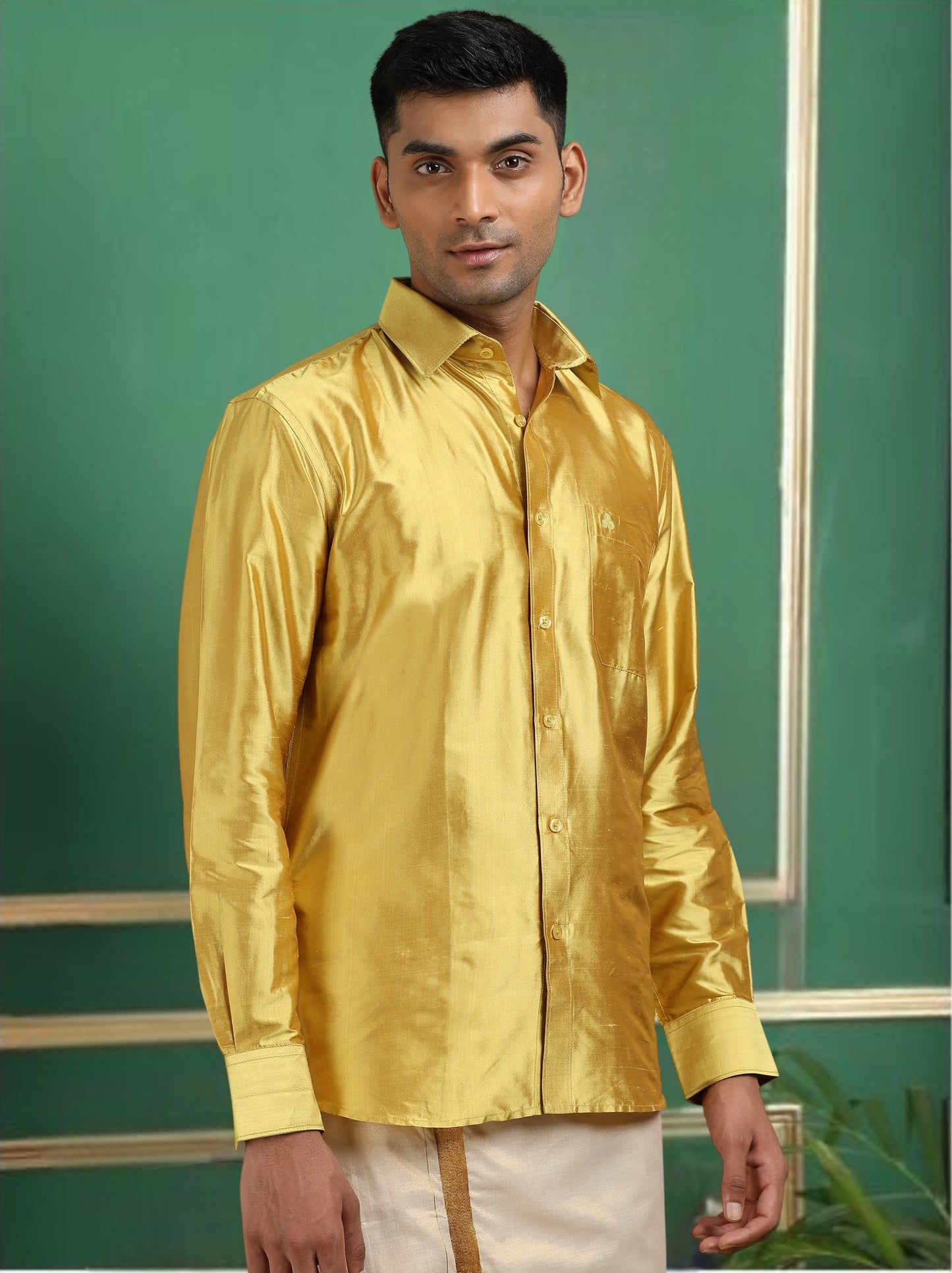 Tattva Men Green Gold Toned Pure Silk Shirt