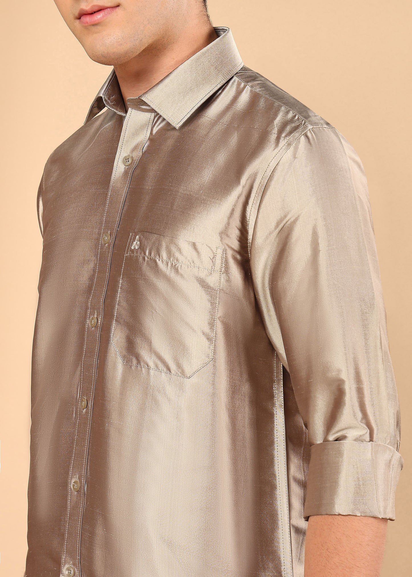 Tattva Men Warm Grey Pure Silk Solid Opaque Shirt