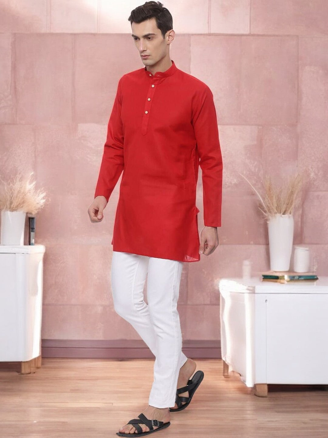 Red Solid Cotton Straight Short Kurta