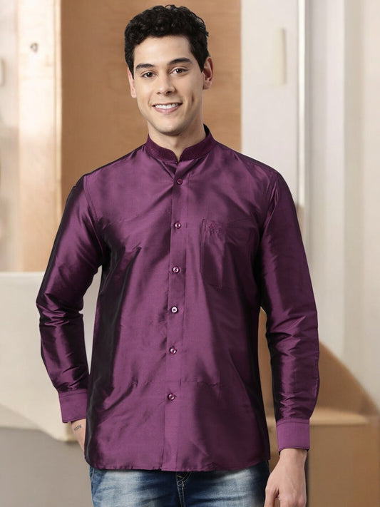 Purple Color Art Silk Slim Fit Solid Party Shirt