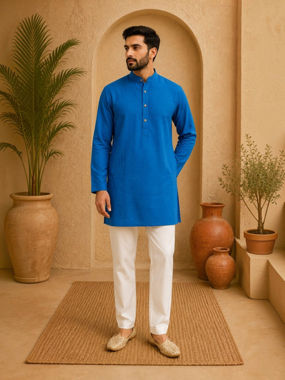 Tattva Men Solid Pure Cotton Short Kurta with Mandarin Collar