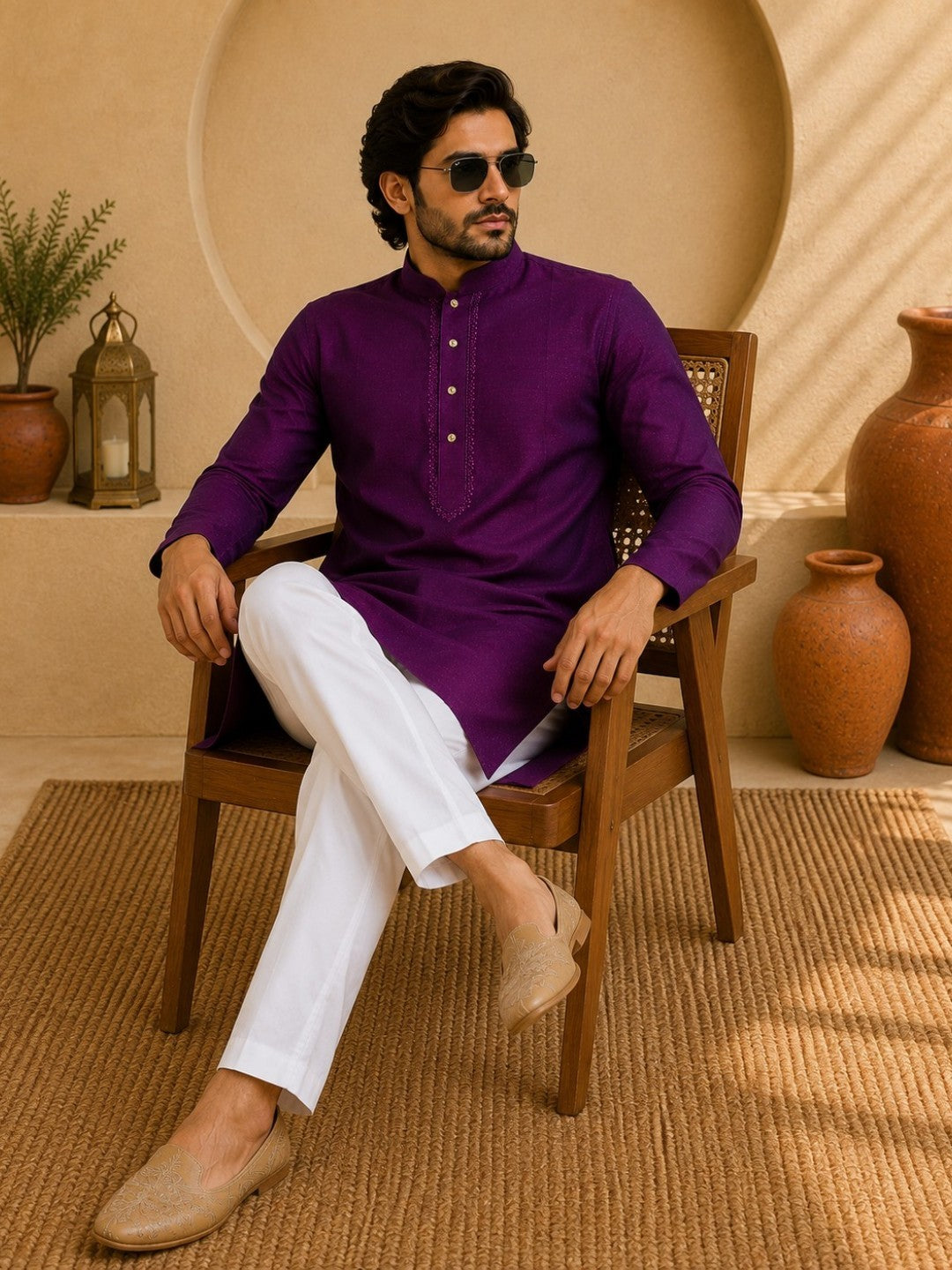 Tattva Men Embroidered Solid Short Kurta