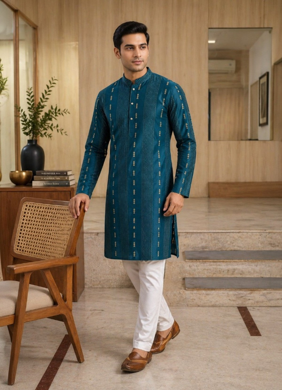 Tattva Men Peacock Blue Embroidered Cotton Silk Kurta with Pyjamas