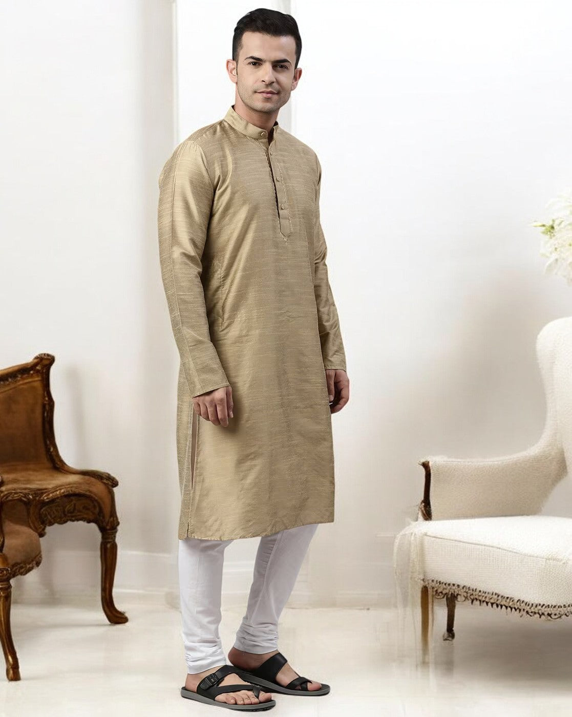 Tattva Skin Color Cotton Long Kurta With Pyjamas