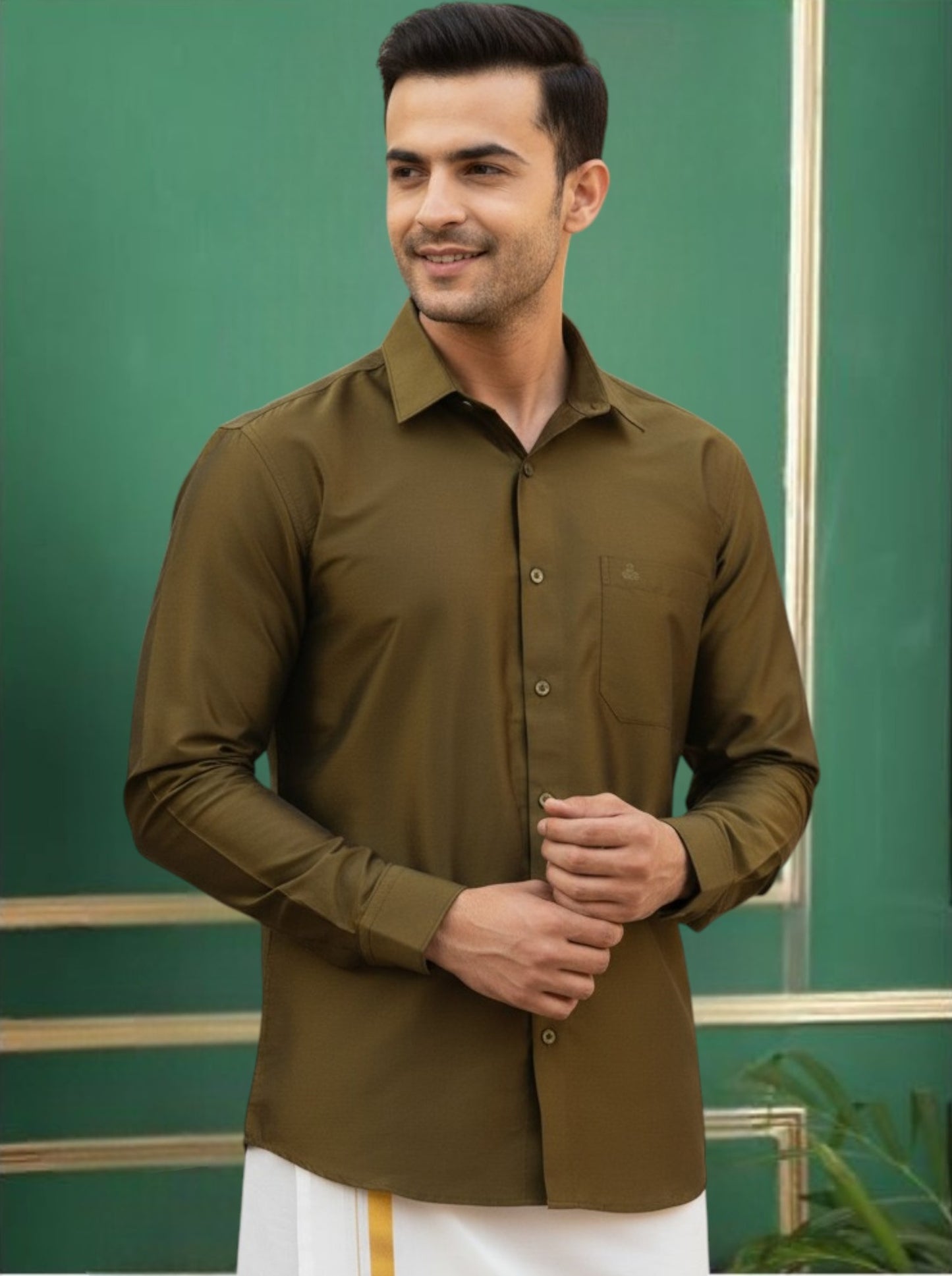 Olive Polyester Slim Fit Solid Shirt