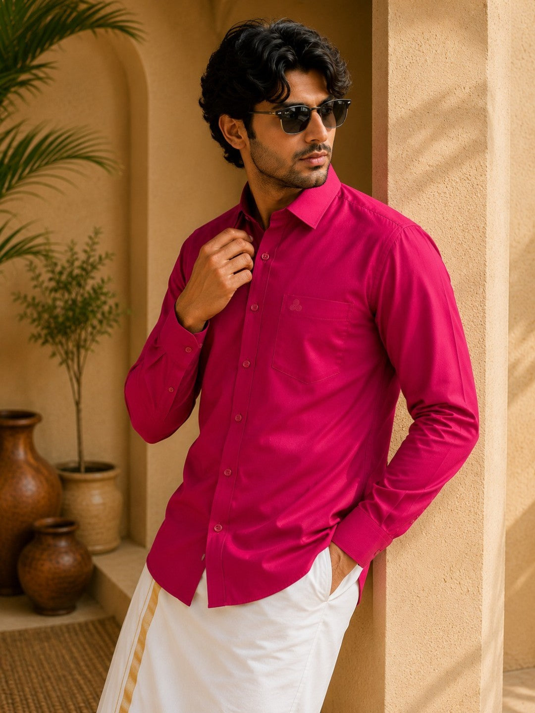 Pink Polyester Slim Fit Solid Party Shirt