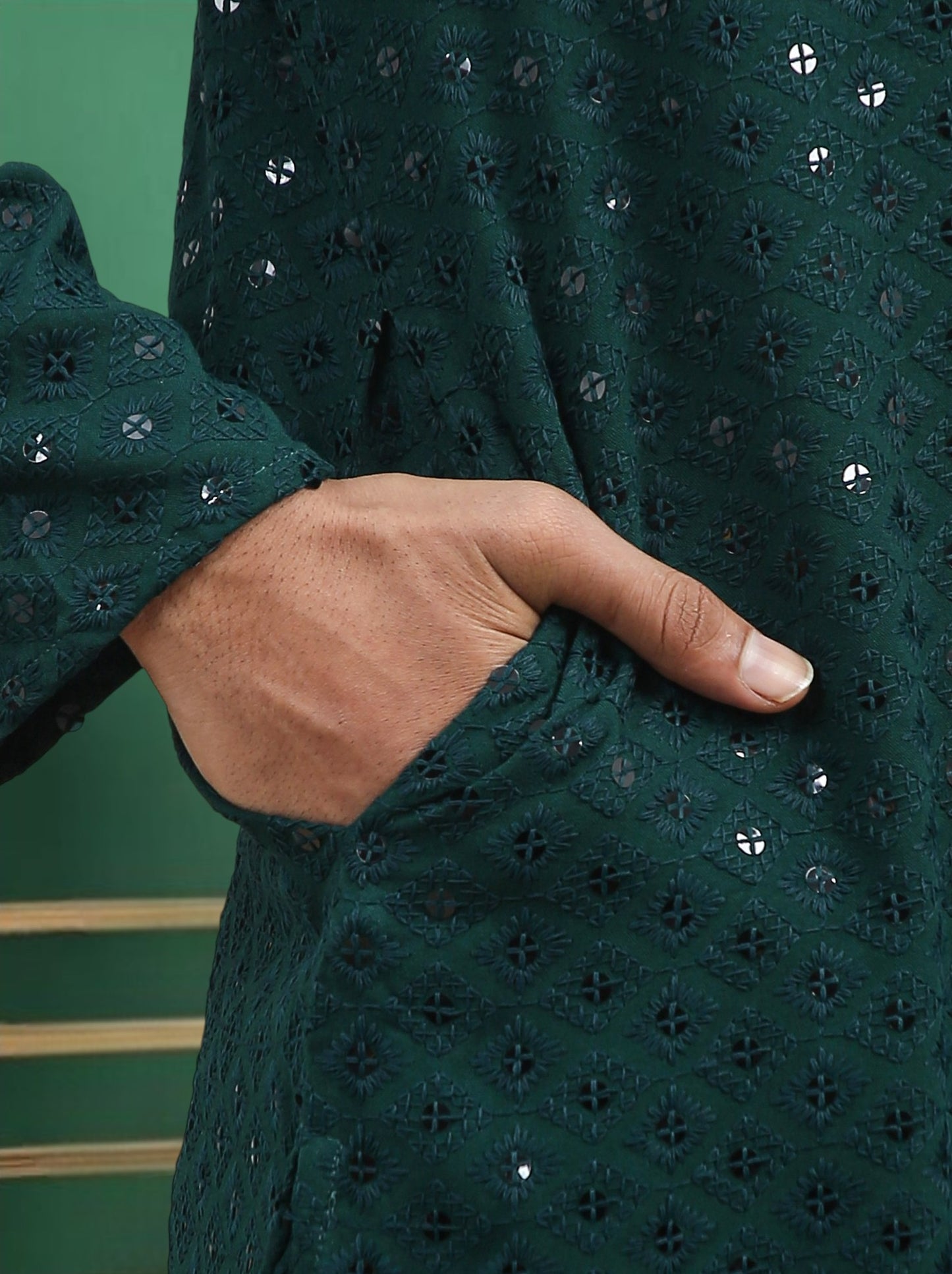 Tattva Dark Green Toned chikankari Cotton Short Kurta