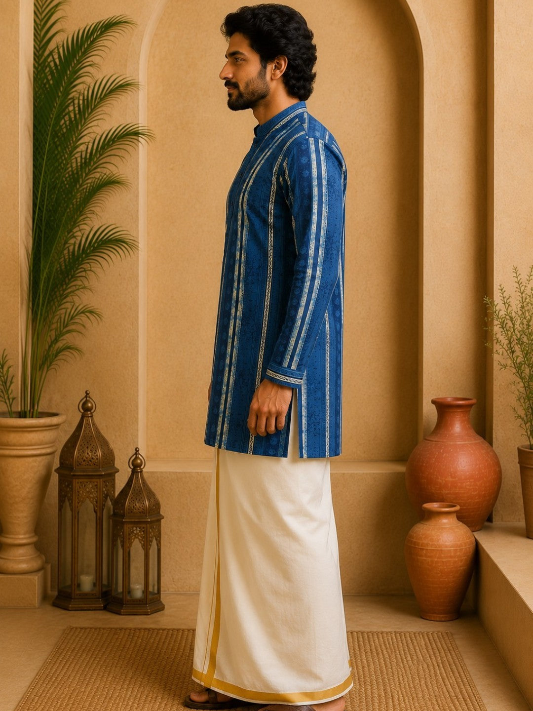 Tattva Men Blue Stripes Printed Super Short Kurta