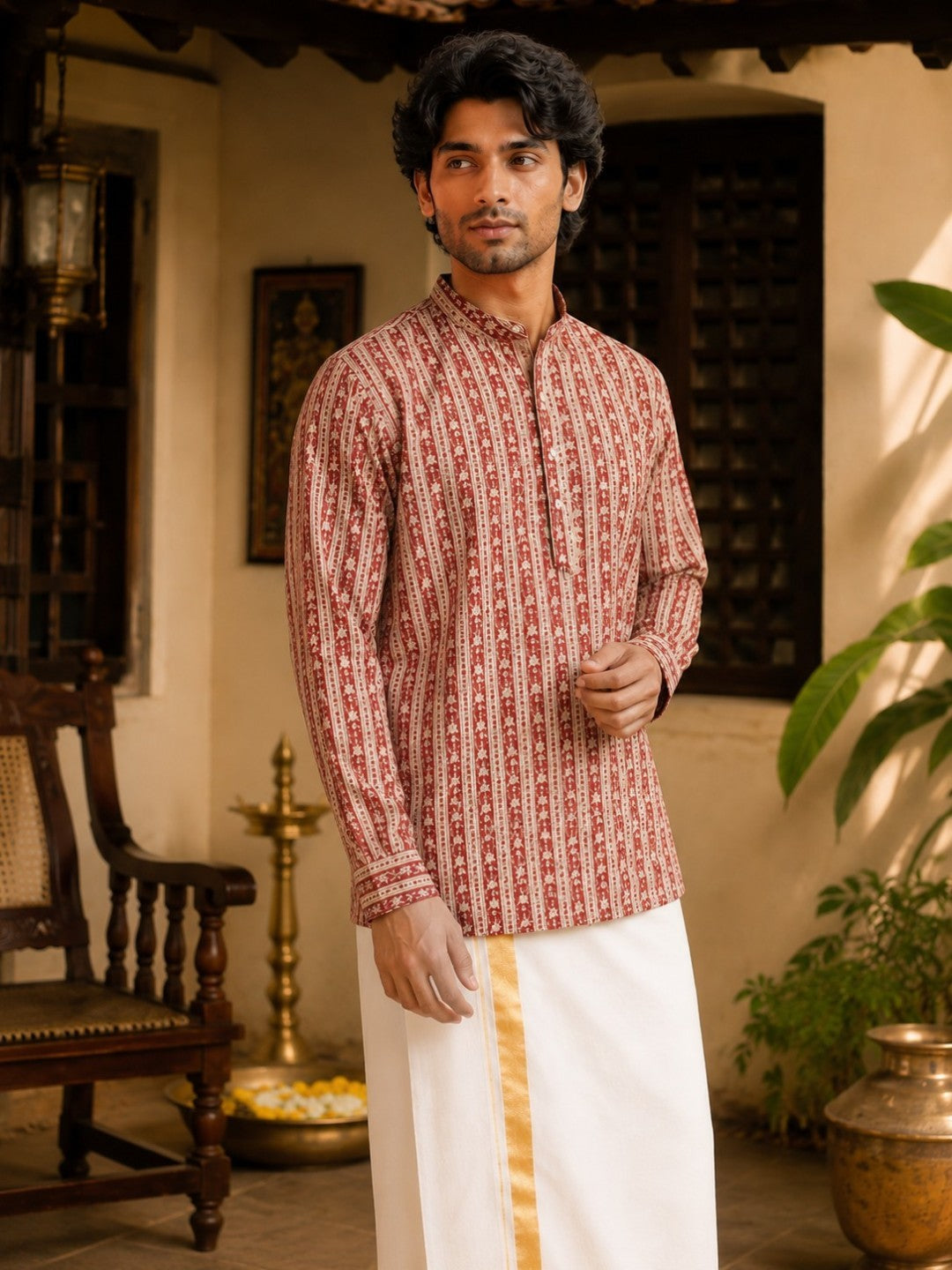 Tattva Men Floral Printed Woven Thread Super Short Kurta