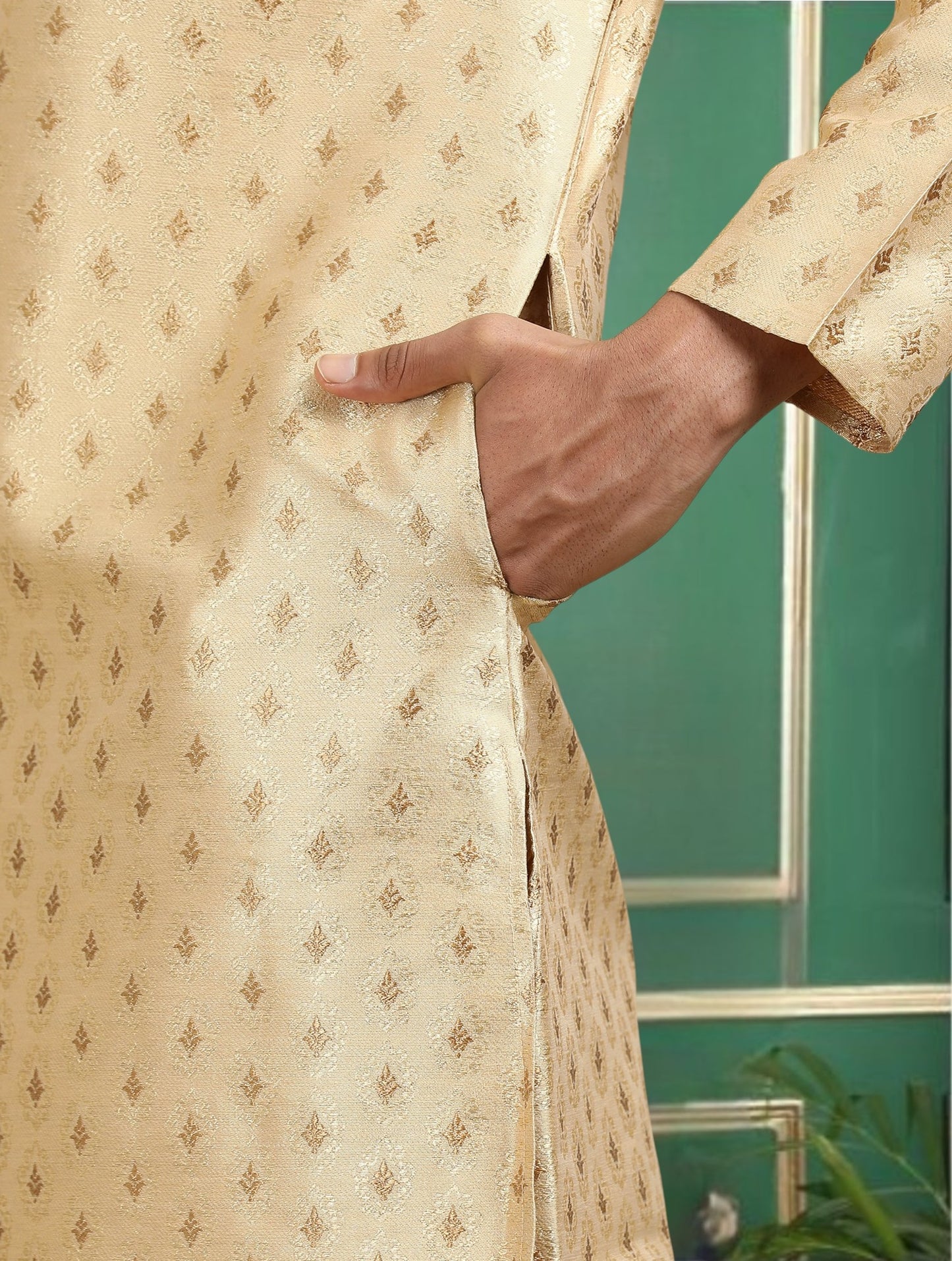 Tattva Beige Toned Jacquard Short Kurta