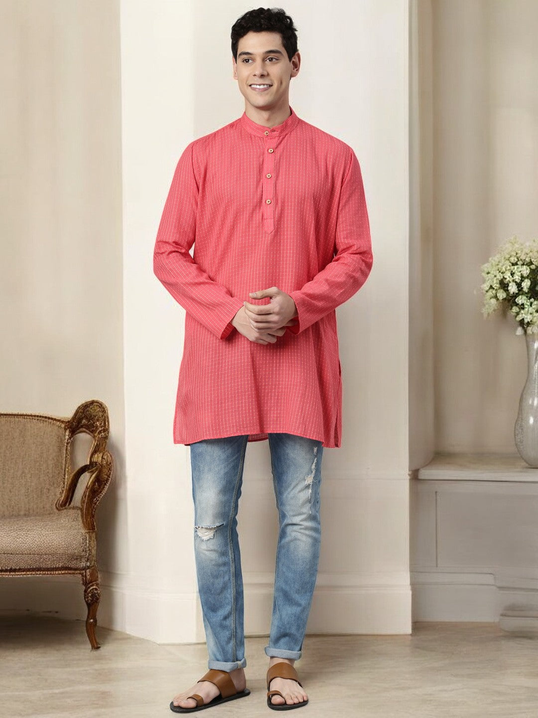 Tattva  Men Chikan Embroidery Cotton Blend Straight Kurta