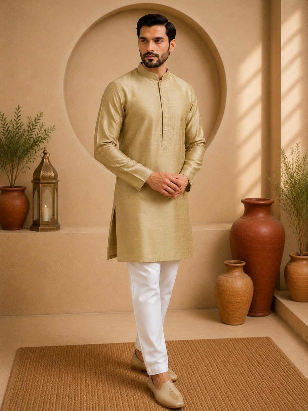 Tattva Men Khaki Colored Embroidered Short Kurta