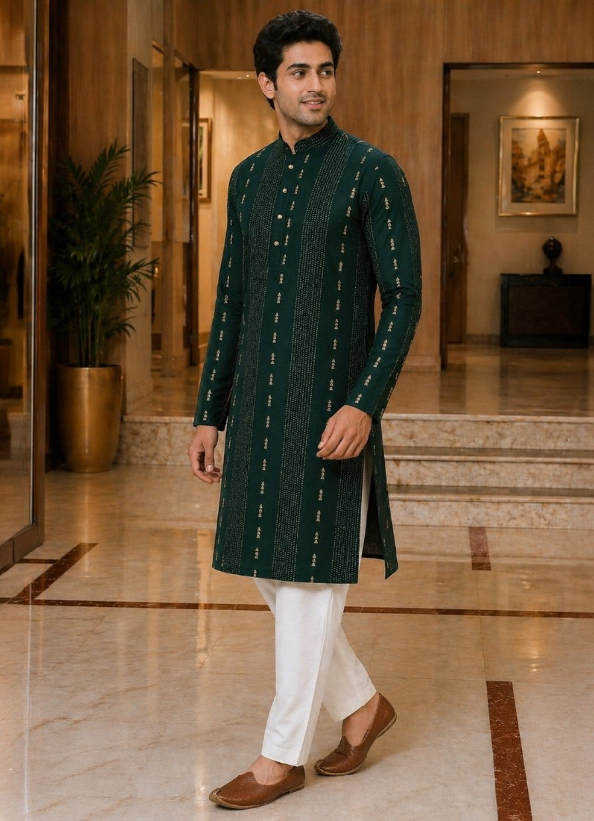 Tattva Men Dark Green Embroidered Cotton Silk Kurta with Pyjamas