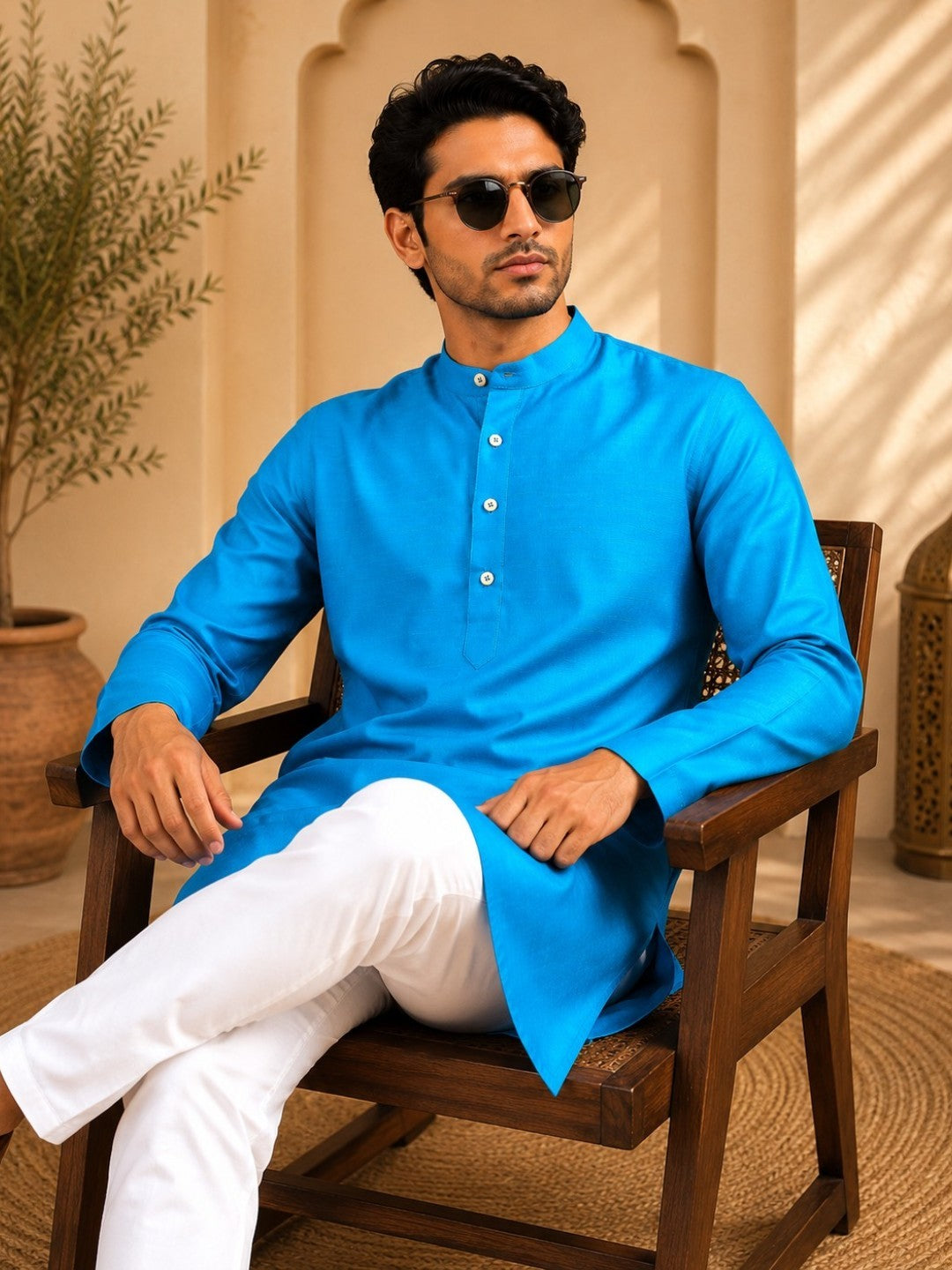 Tattva Men Solid Pure Cotton Short Kurta with Mandarin Collar