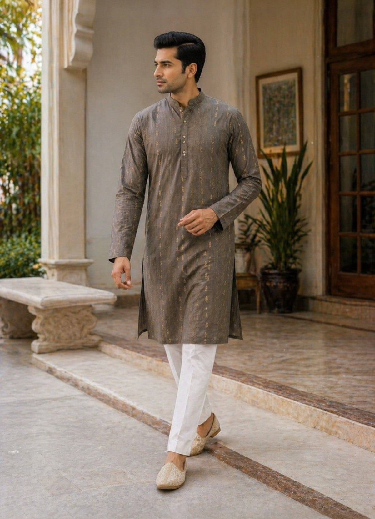 Tattva Men Coffee Brown Embroidered Cotton Silk Kurta with Pyjamas
